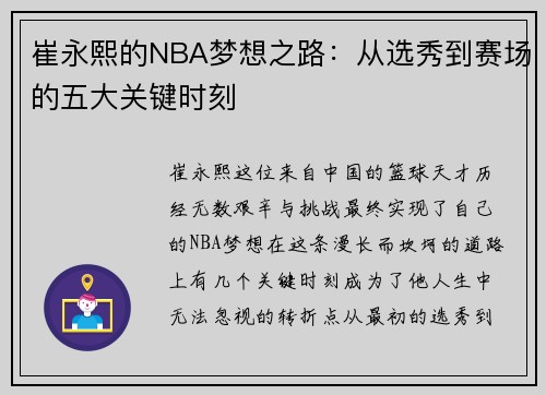 崔永熙的NBA梦想之路：从选秀到赛场的五大关键时刻